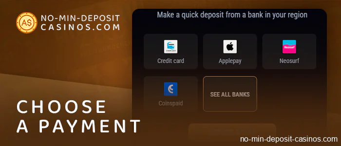 Select a payment method in $1 Deposit Casino
