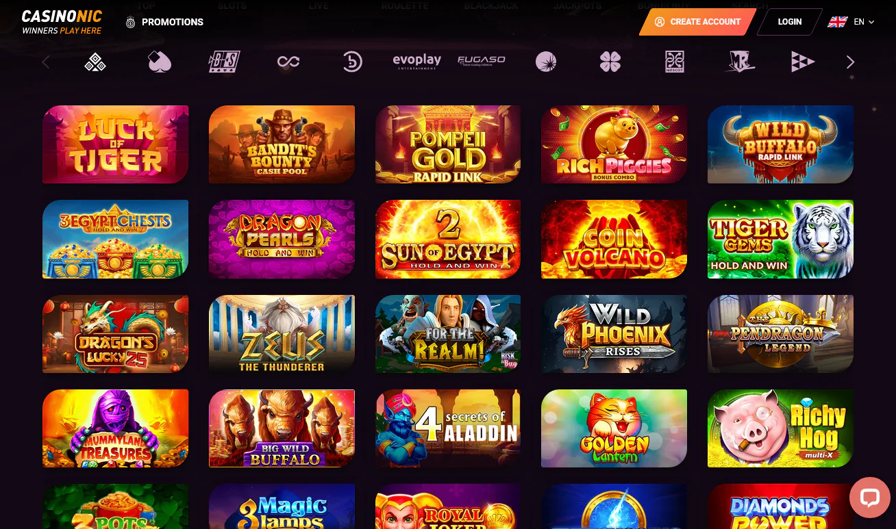 Screenshot of the slots section on Casinonic