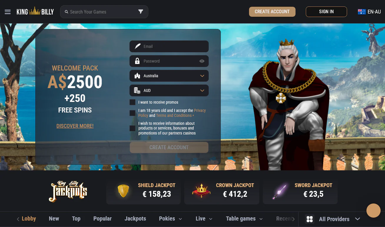 King Billy casino homepage screenshot