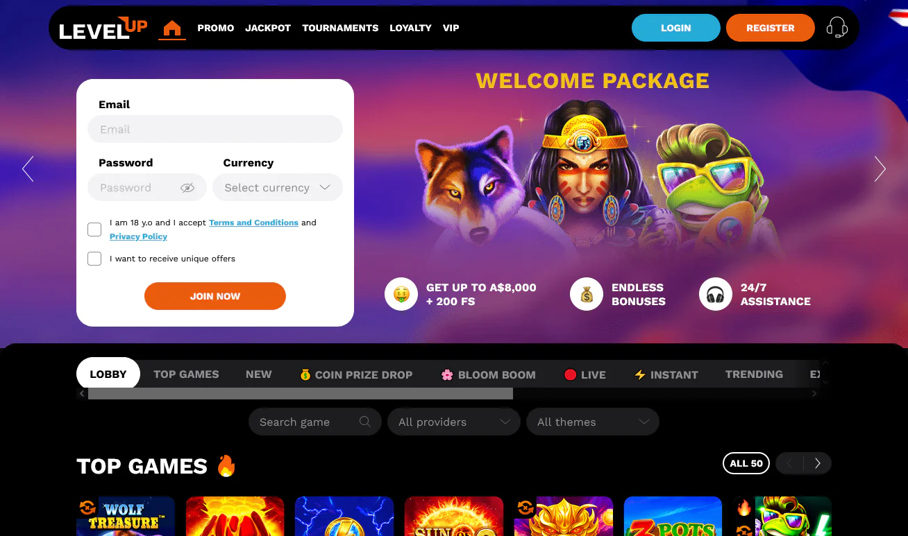 Screenshot of Level Up Casino homepage