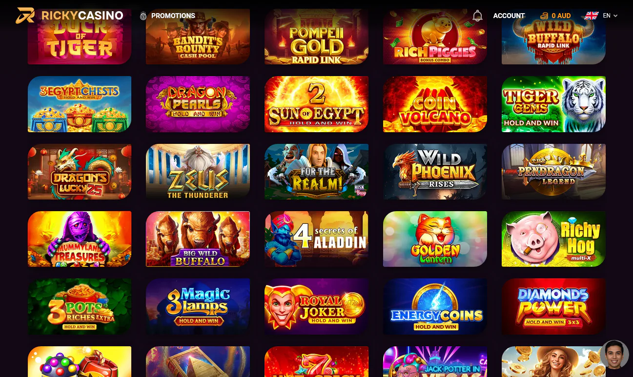Screenshot of the casino section on Ricky Casino