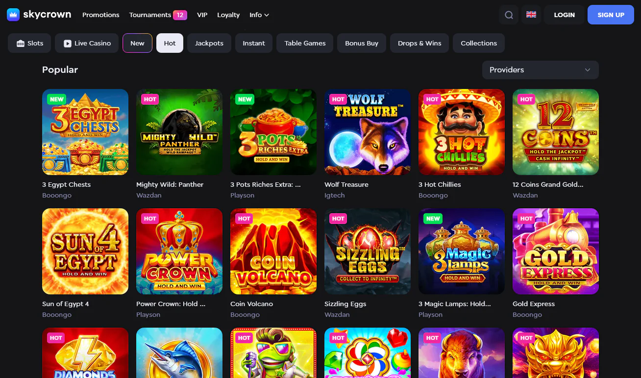 Screenshot of casino games on the SkyCrown website