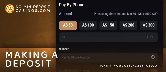 Specify the amount to deposit to the casino via Pay By Phone and make a deposit