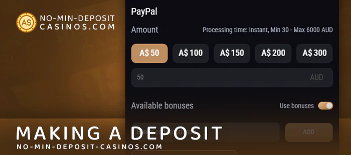 Enter the amount and confirm the deposit via PayPal casino account