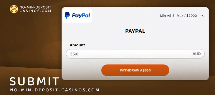 Enter the withdrawal amount and confirm at PayPal Online Casinos